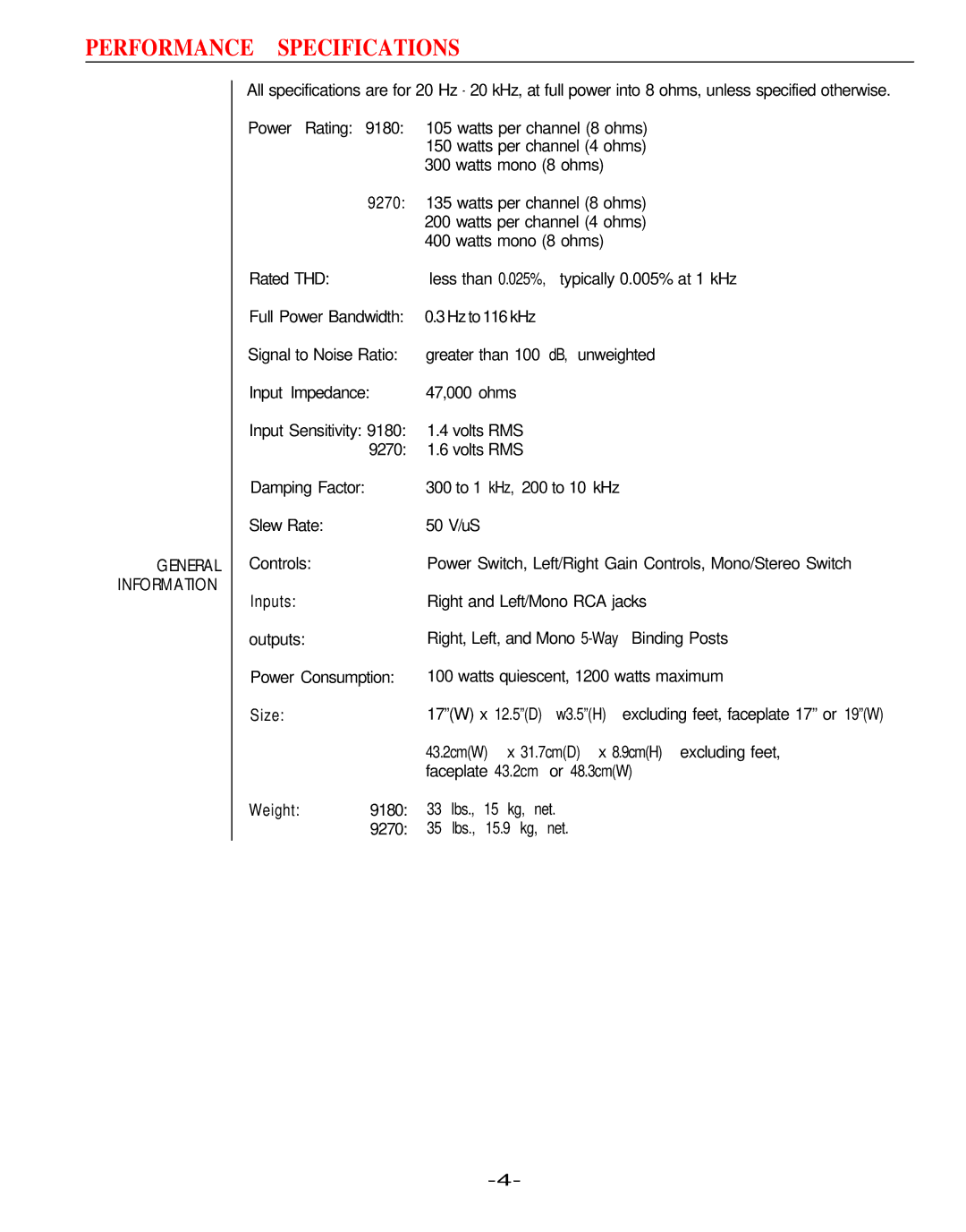 Hafler 9180, 9270 manual Performance Specifications 