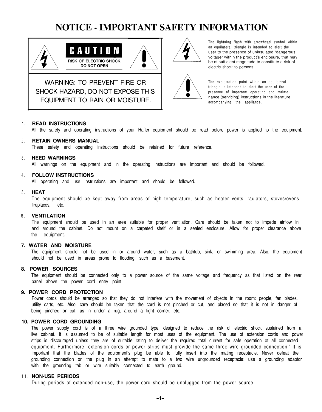 Hafler 945 manual Read Instructions, Heed Warnings, Follow Instructions, Ventilation, Water and Moisture, Power Sources 