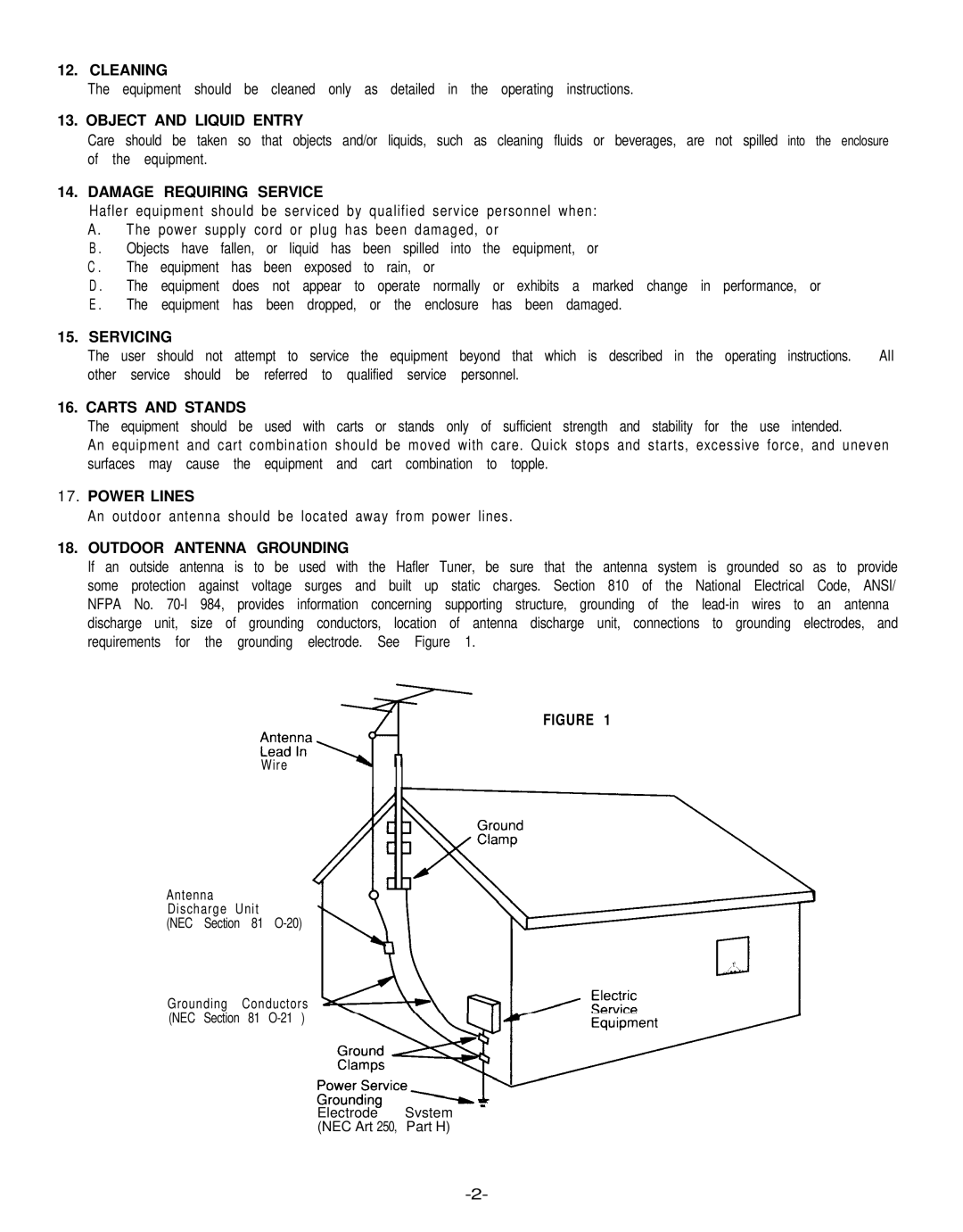 Hafler 945 manual Cleaning, Object and Liquid Entry, Damage Requiring Service, Servicing, Carts and Stands, Power Lines 