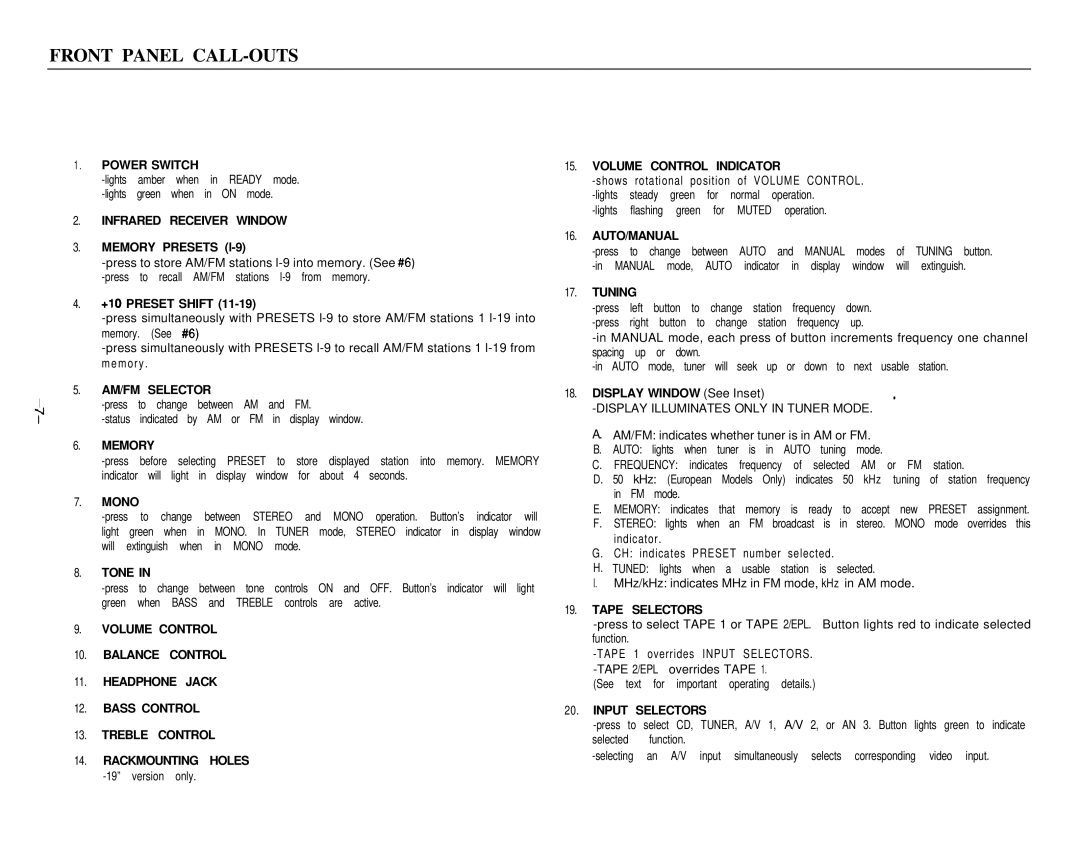 Hafler 945 manual Front Panel CALL-OUTS 