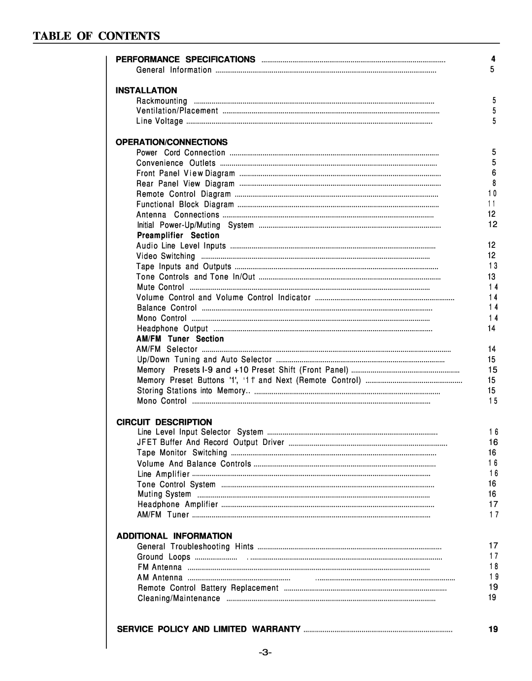Hafler 945 manual Table Of Contents, Installation, Operation/Connections, Preamplifier Section, AM/FM Tuner Section 
