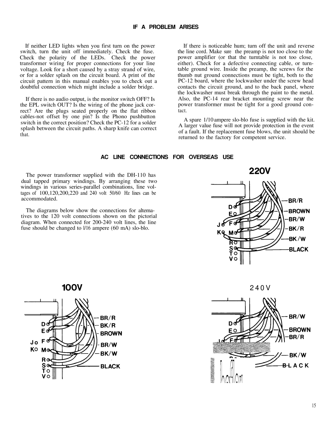 Hafler DH-110 manual If a Problem Arises, AC Line Connections for Overseas USE 