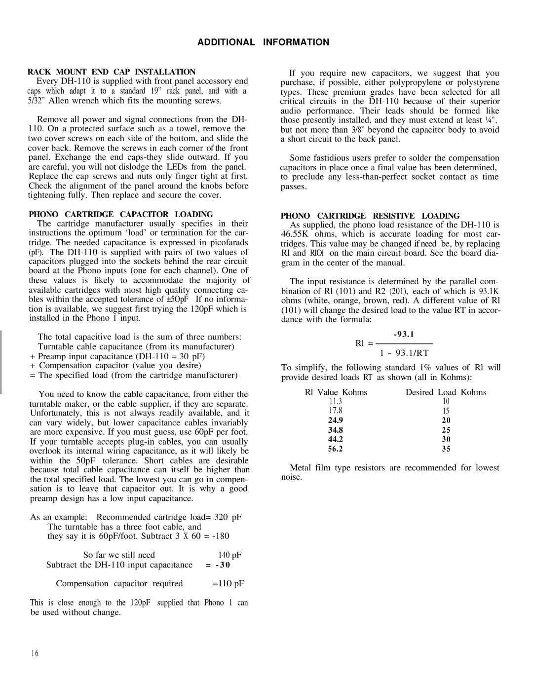 Hafler DH-110 manual Additional Information, Rl Value Kohms Desired Load Kohms 