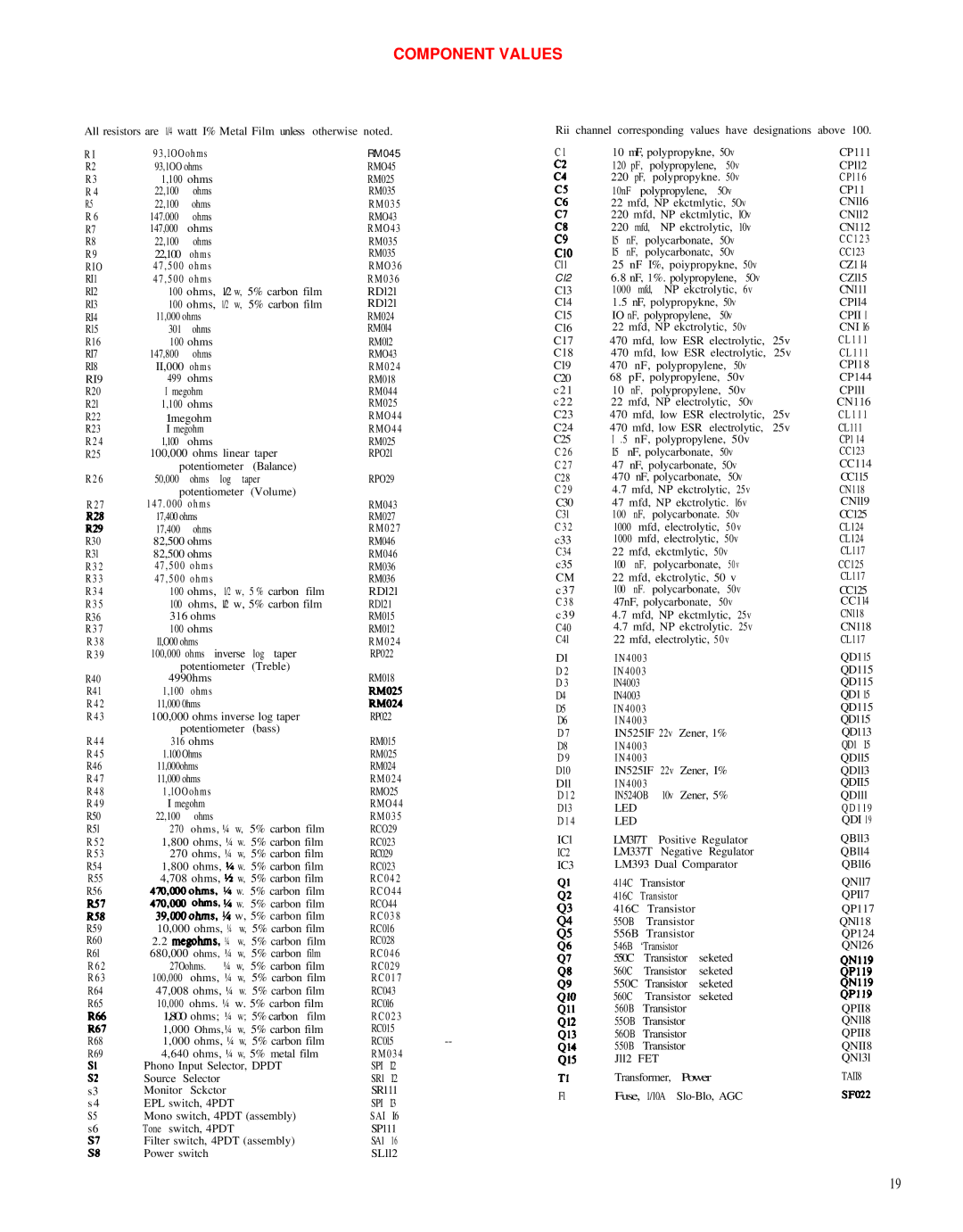 Hafler DH-110 manual Component Values 