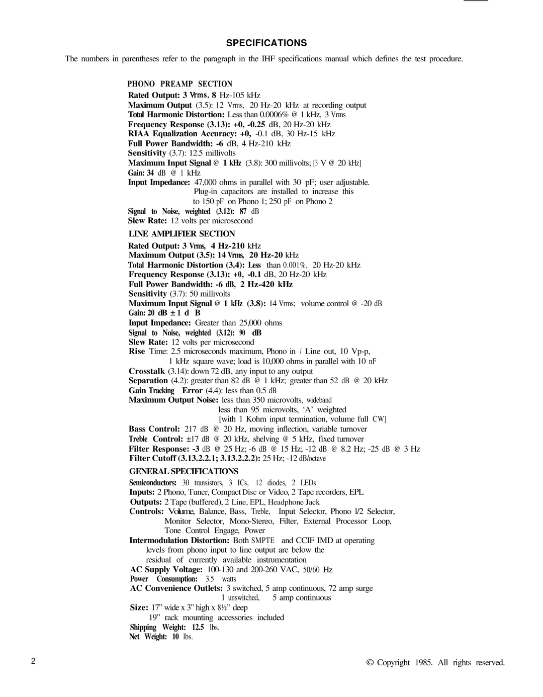 Hafler DH-110 manual Specifications, Phono Preamp Section 