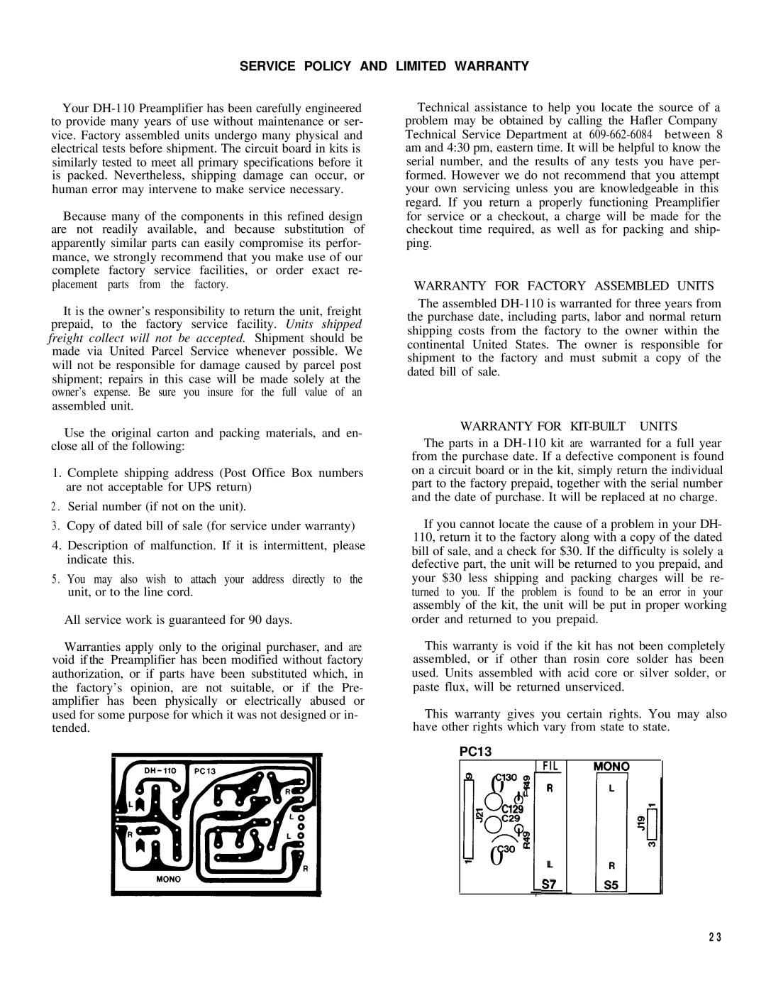 Hafler DH-110 manual Service Policy and Limited Warranty, Warranty for Factory Assembled Units 