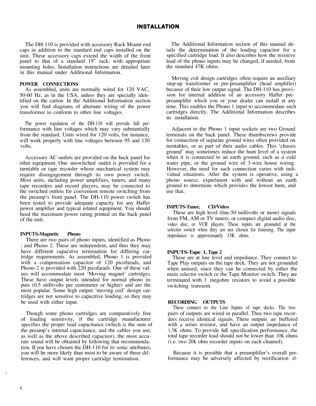 Hafler DH-110 manual Power Connections 