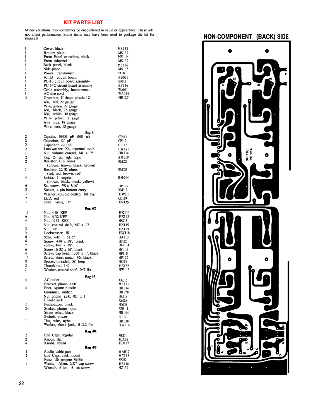 Hafler DH-110 manual Non-Componentback Side, Kit Parts List 
