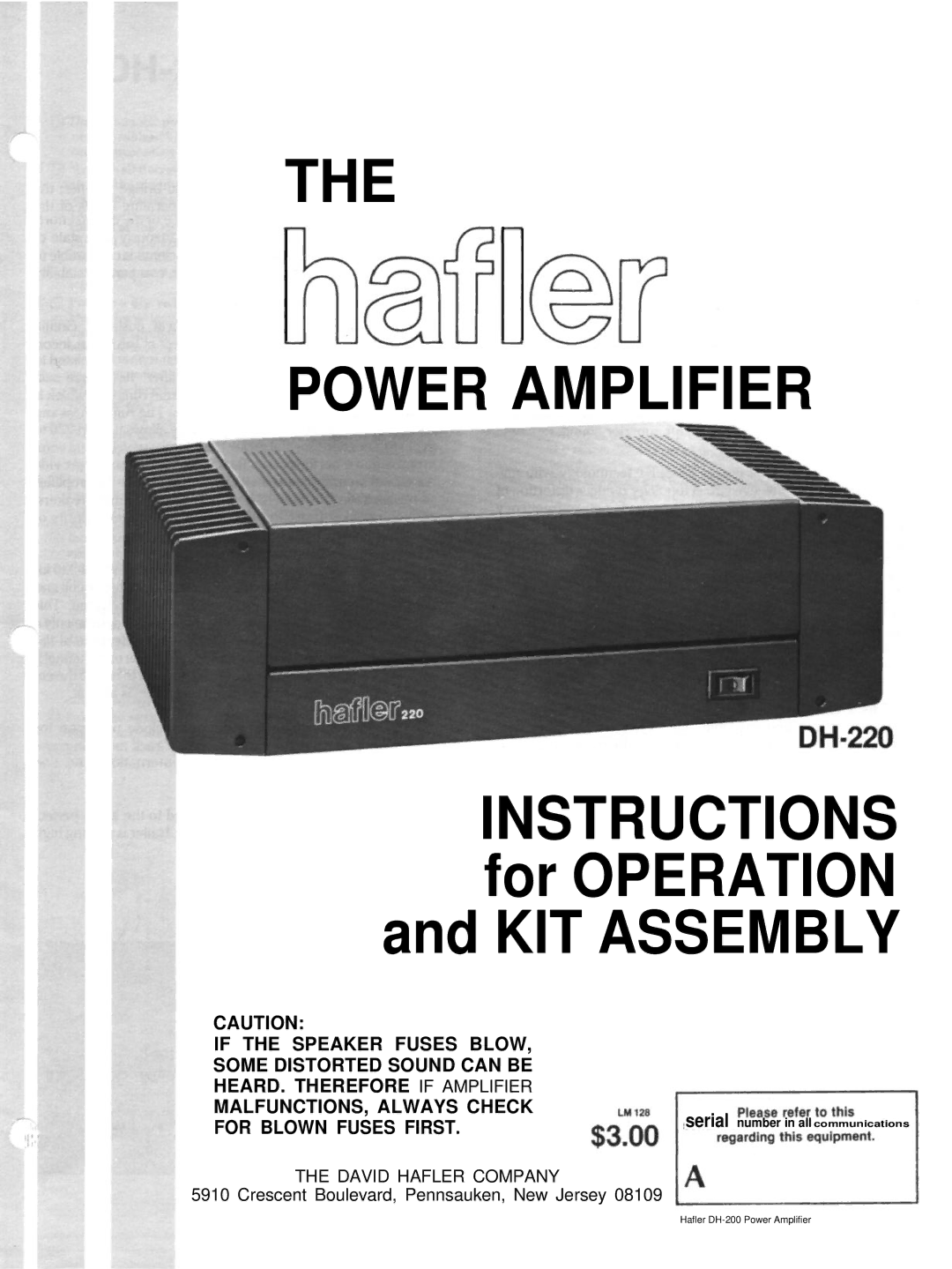 Hafler DH-200 manual Power Amplifier 