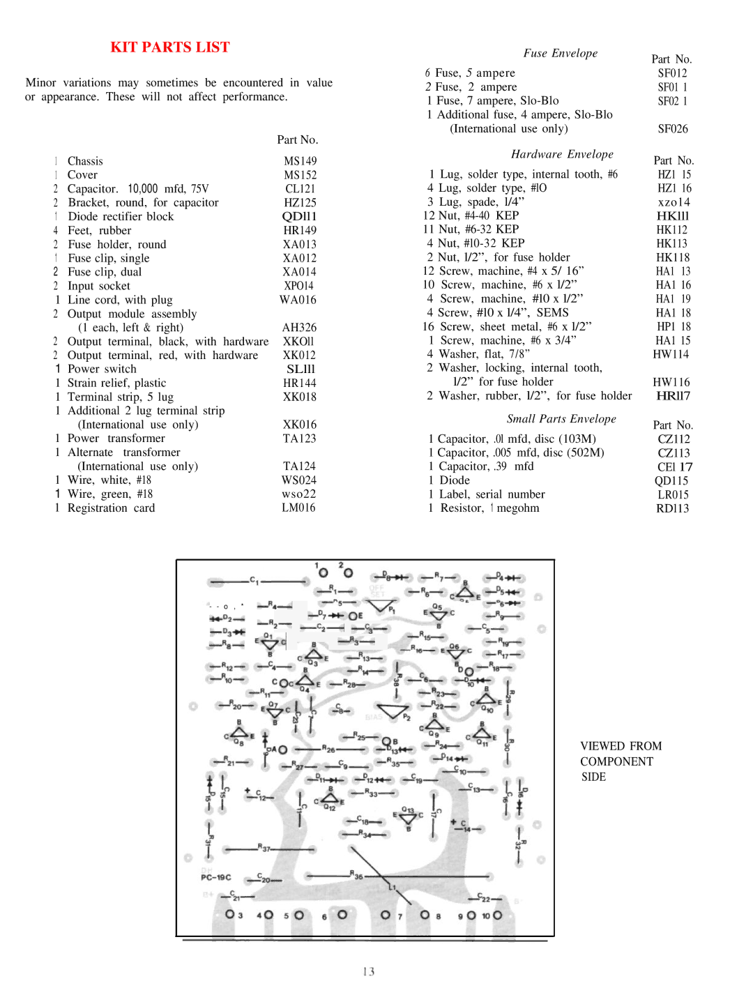 Hafler DH-200 manual KIT Parts List, XPO14, Viewed from Component Side 