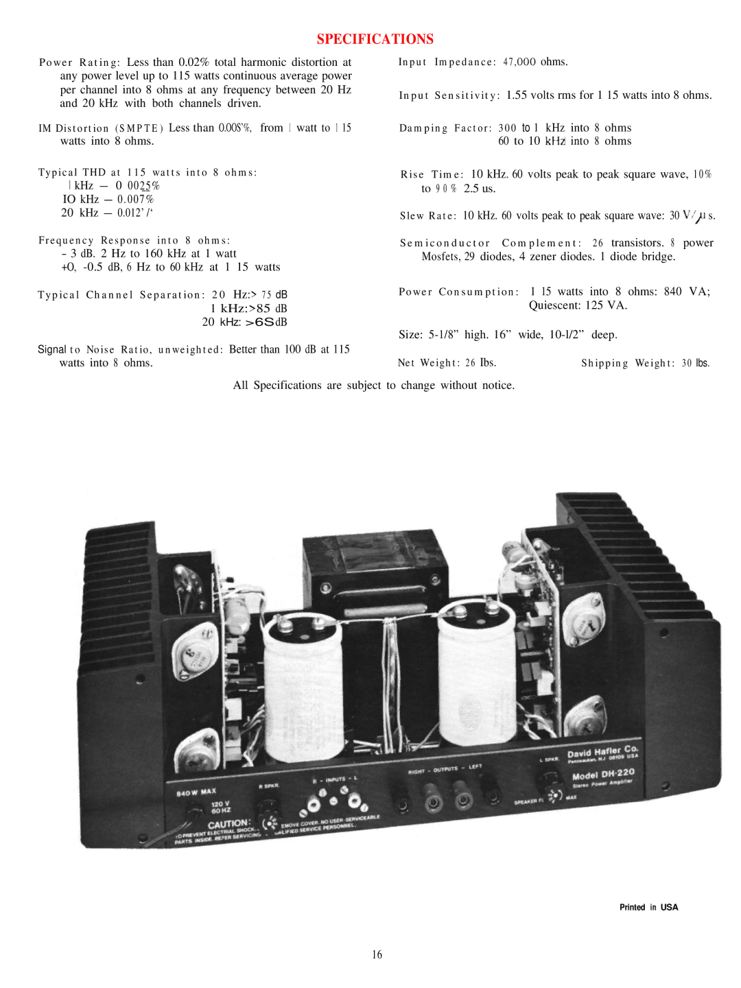 Hafler DH-200 manual Specifications 