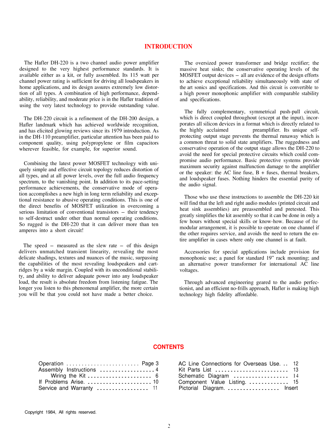 Hafler DH-200 manual Introduction, Contents 