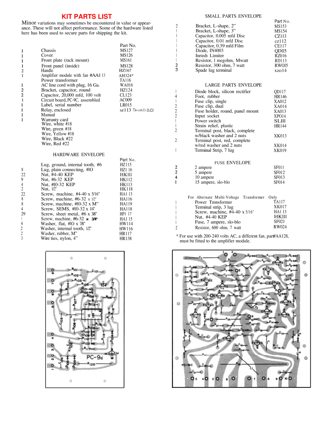 Hafler DH-500 manual KIT Parts List 