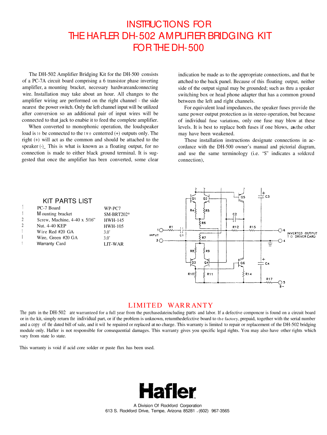 Hafler manual Hafler DH-502 Amplifier Bridging KIT For the DH-500 