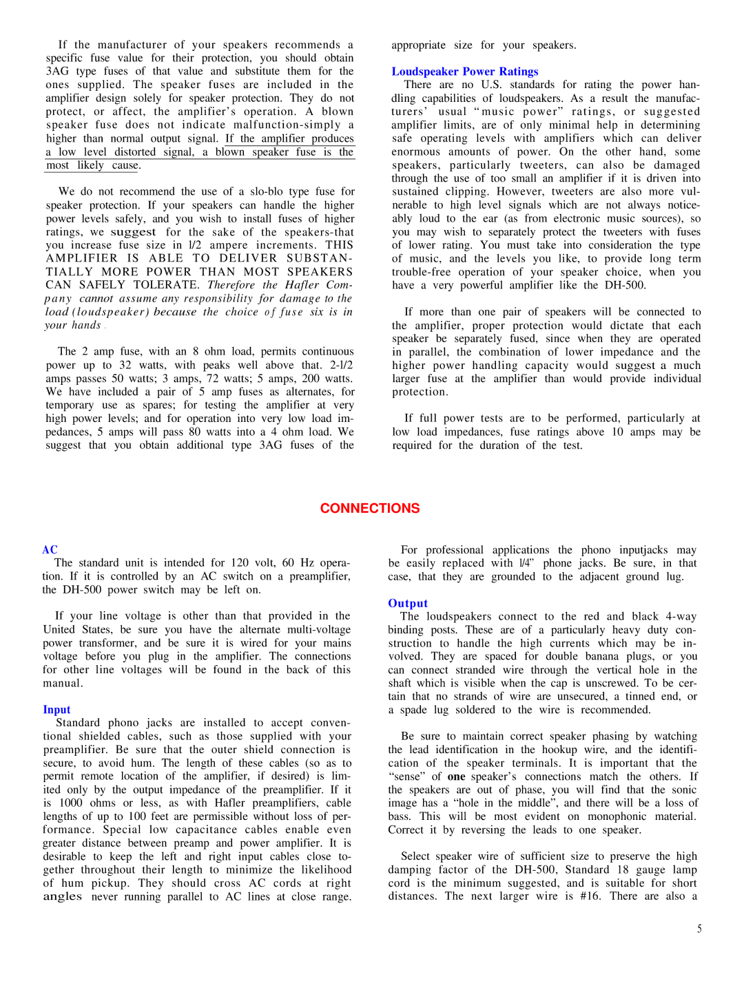 Hafler DH-500 manual Connections, Loudspeaker Power Ratings, Input, Output 