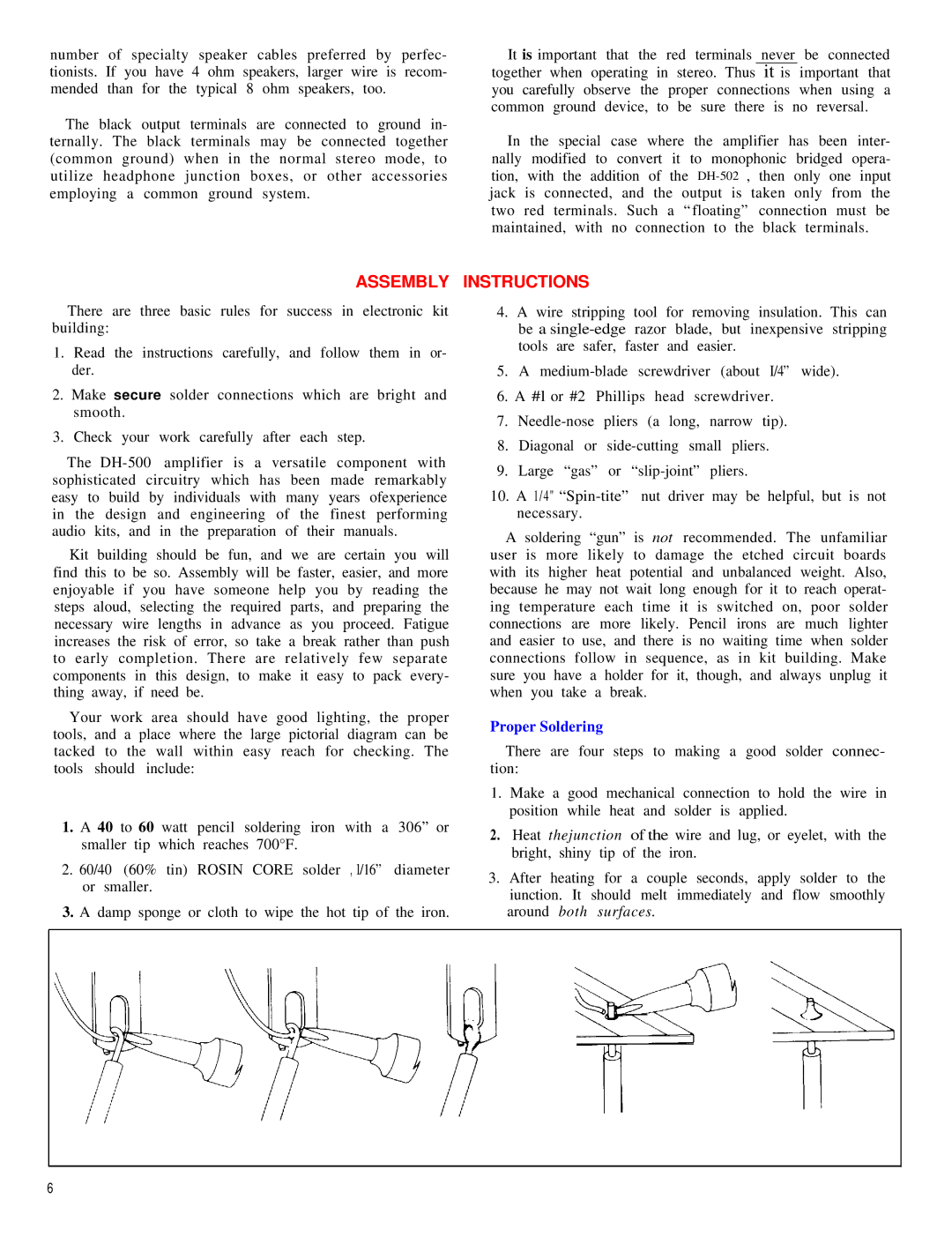 Hafler DH-500 manual Assembly, Instructions, Proper Soldering 