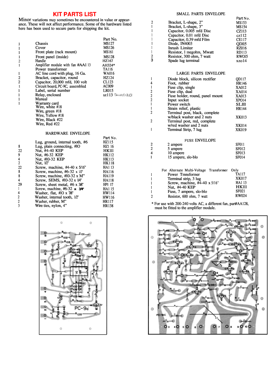 Hafler DH-500 manual Kit Parts List, Pc-% 