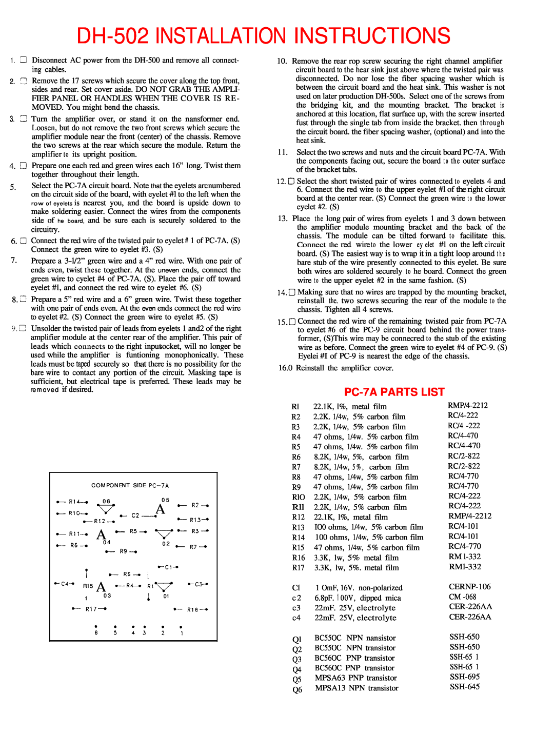 Hafler DH-500 manual PC-7APARTS LIST, DH-502INSTALLATION INSTRUCTIONS, D--R 