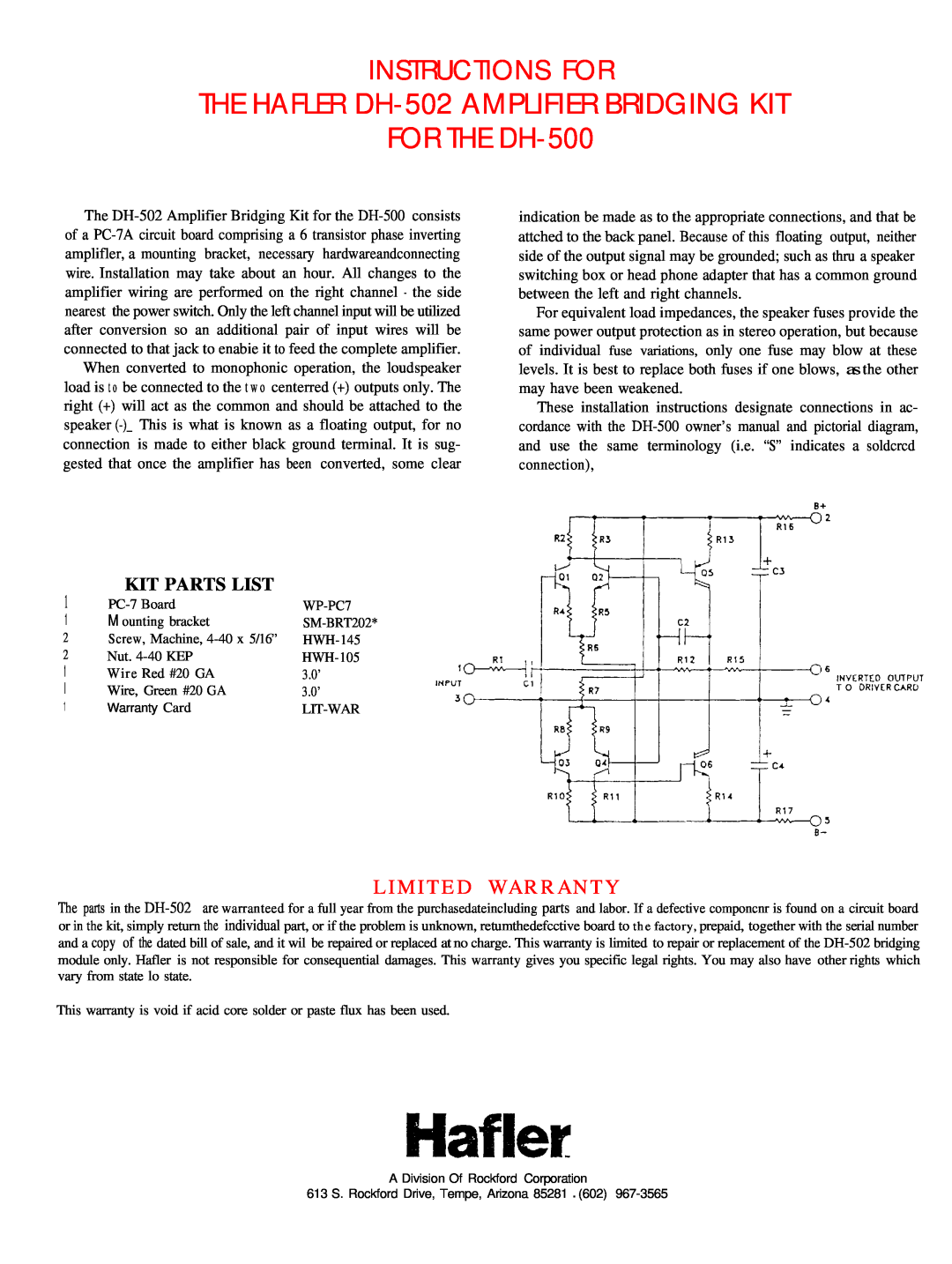 Hafler THE HAFLER DH-502AMPLIFIER BRIDGING KIT, FOR THE DH-500, Instructions For, Limited Warranty, Kit Parts List 