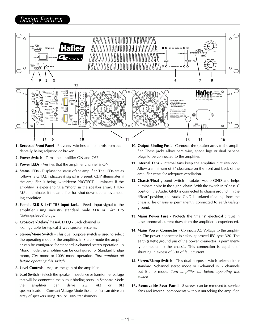 Hafler GX2300CE, GX2600CE manual Design Features, Biamp Stereo 