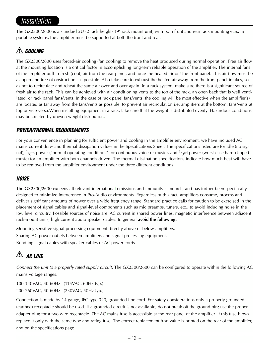Hafler GX2300CE, GX2600CE manual Installation, Cooling, POWER/THERMAL Requirements, Noise, AC Line 