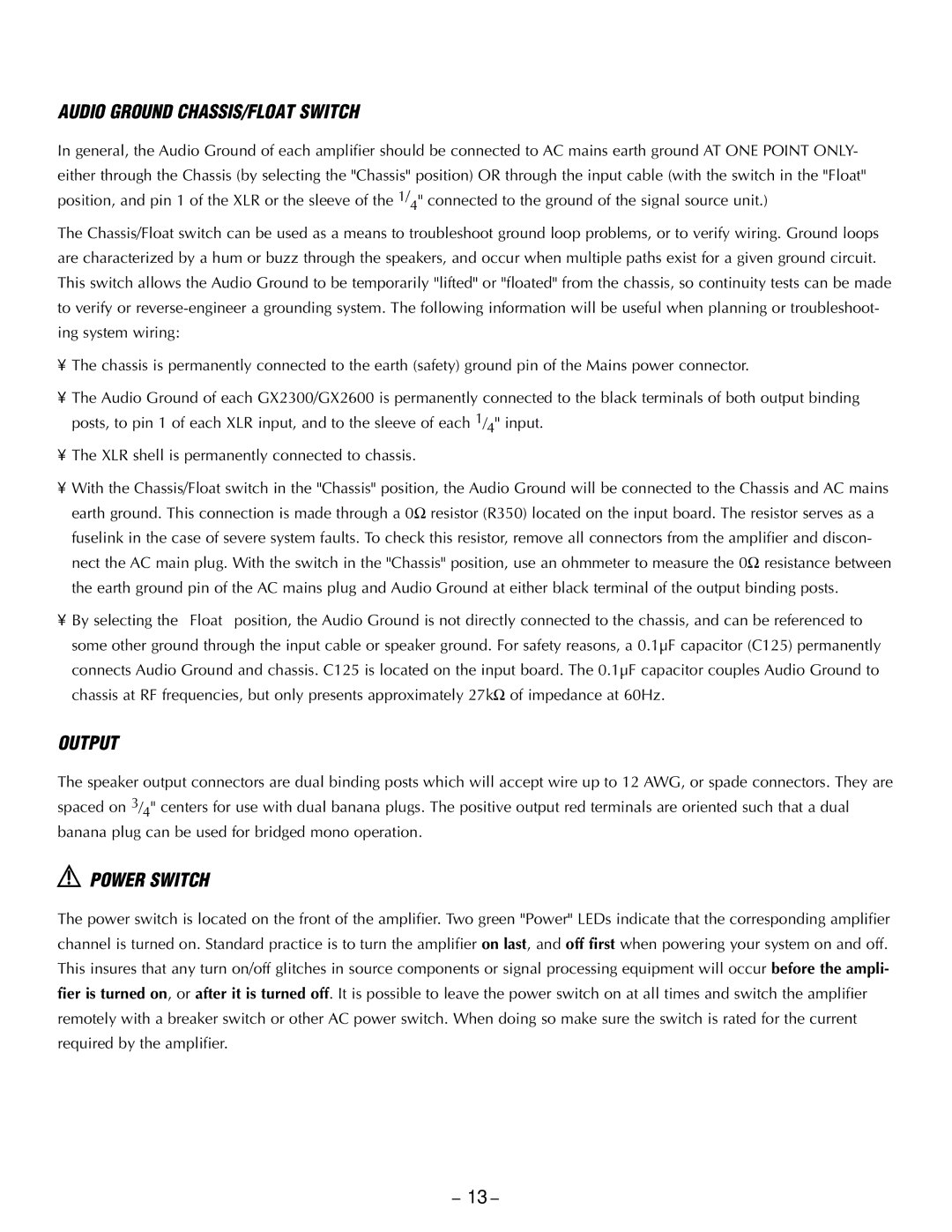 Hafler GX2600CE, GX2300CE manual Audio Ground CHASSIS/FLOAT Switch, Output, Power Switch 