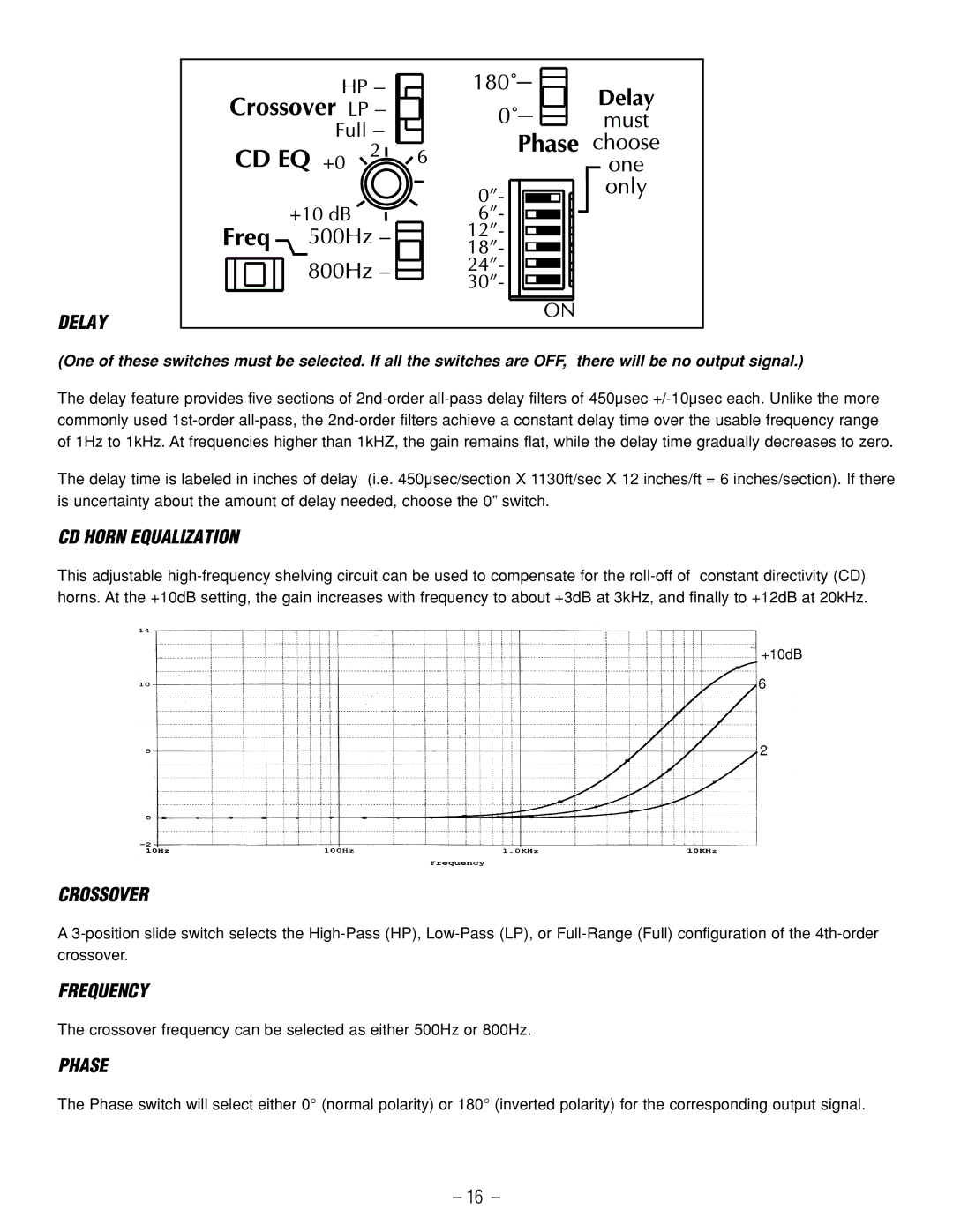 Hafler GX2300CE, GX2600CE manual Delay, CD Horn Equalization, Crossover, Frequency, Phase 