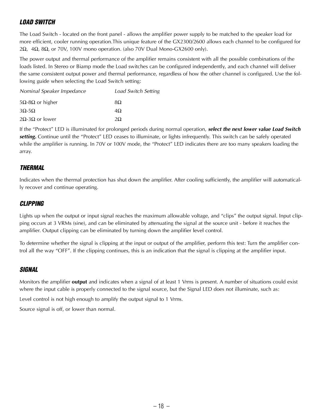 Hafler GX2300CE, GX2600CE manual Load Switch, Thermal, Clipping, Signal 