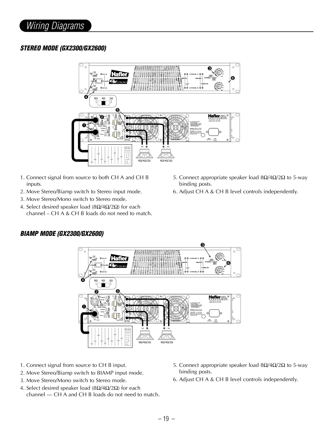 Hafler GX2300CE, GX2600CE manual Wiring Diagrams, Stereo Mode GX2300/GX2600 