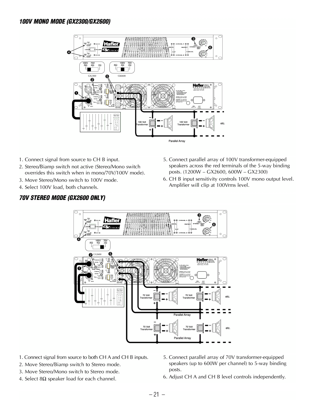 Hafler GX2600CE, GX2300CE manual 100V Mono Mode GX2300/GX2600, 70V Stereo Mode GX2600 only 