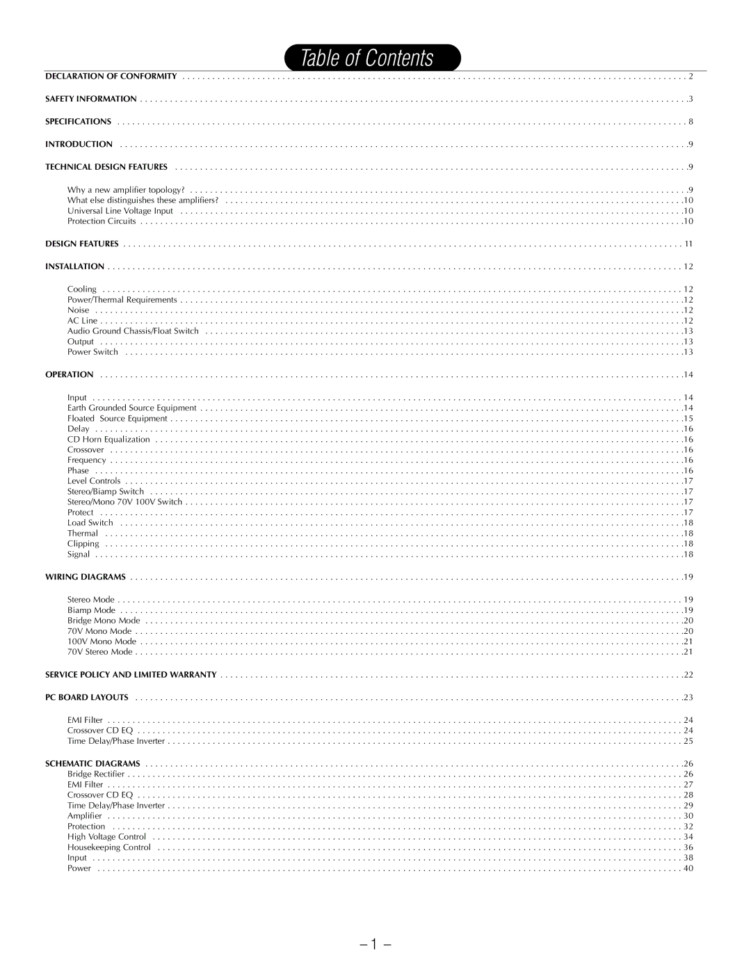 Hafler GX2600CE, GX2300CE manual Table of Contents 