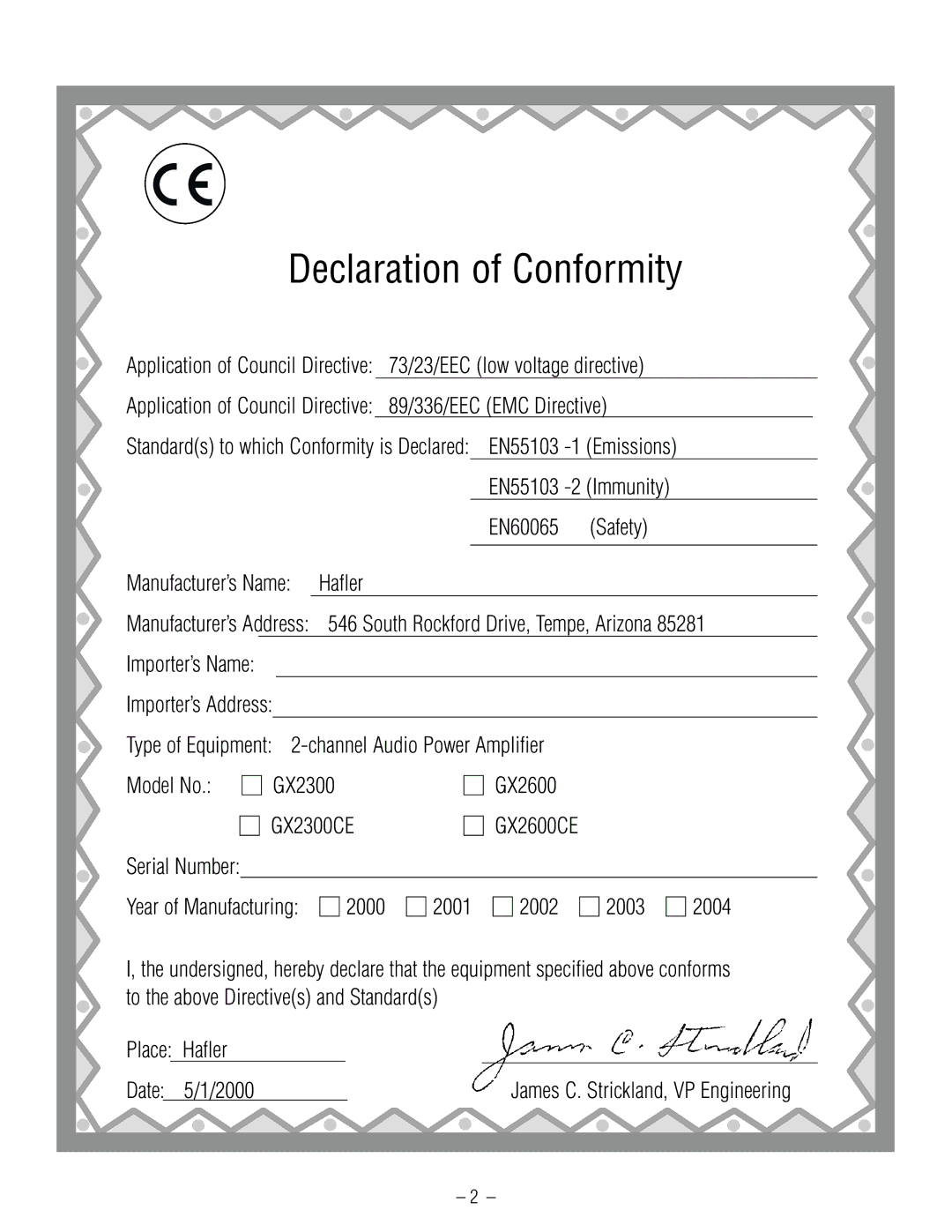 Hafler GX2300CE, GX2600CE manual Declaration of Conformity 