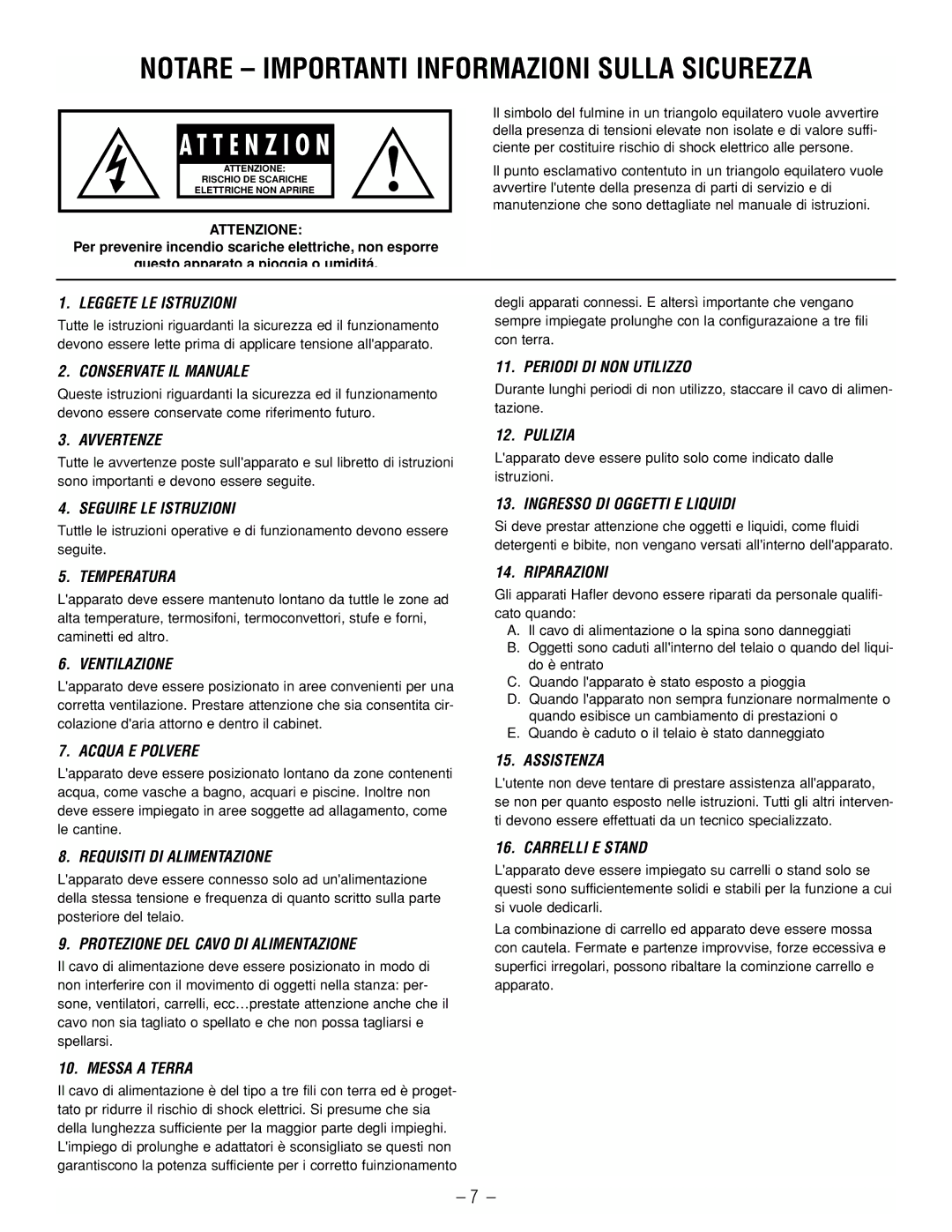 Hafler GX2300CE, GX2600CE manual Notare Importanti Informazioni Sulla Sicurezza 