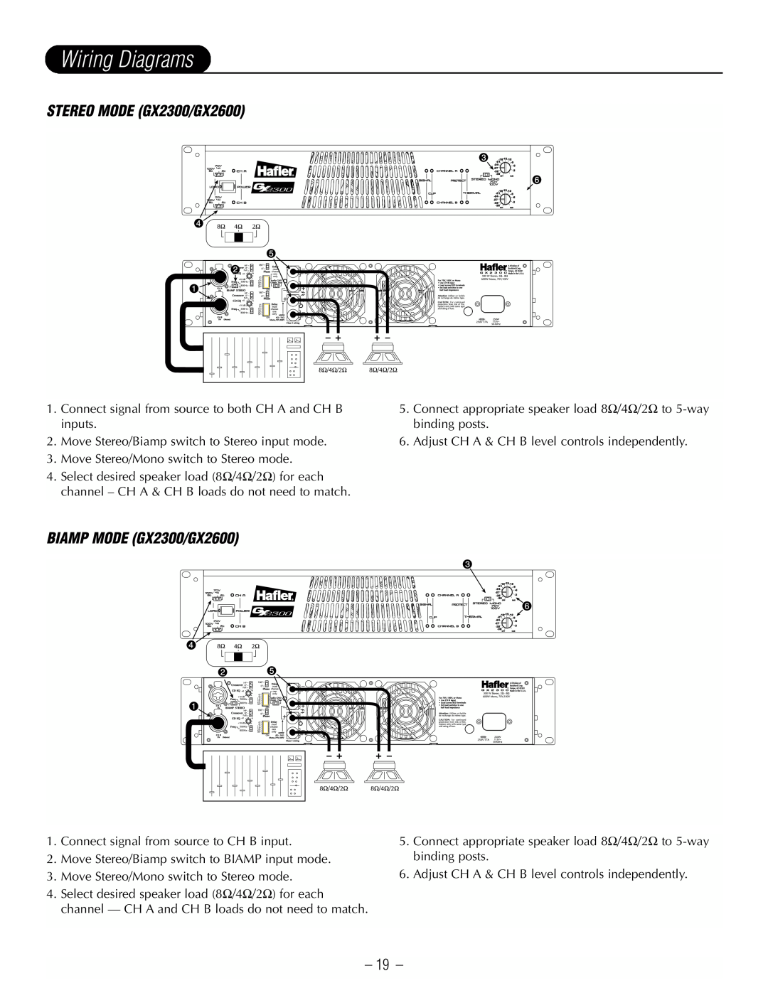 Hafler GX2300CE, GX2600CE manual Wiring Diagrams, STEREO MODE GX2300/GX2600, BIAMP MODE GX2300/GX2600 