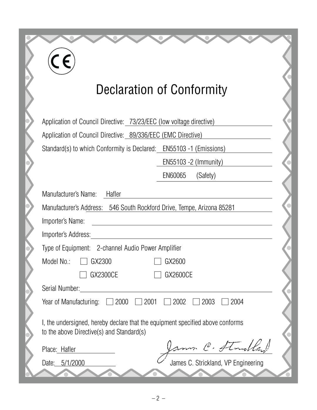Hafler GX2300CE, GX2600CE manual Declaration of Conformity 