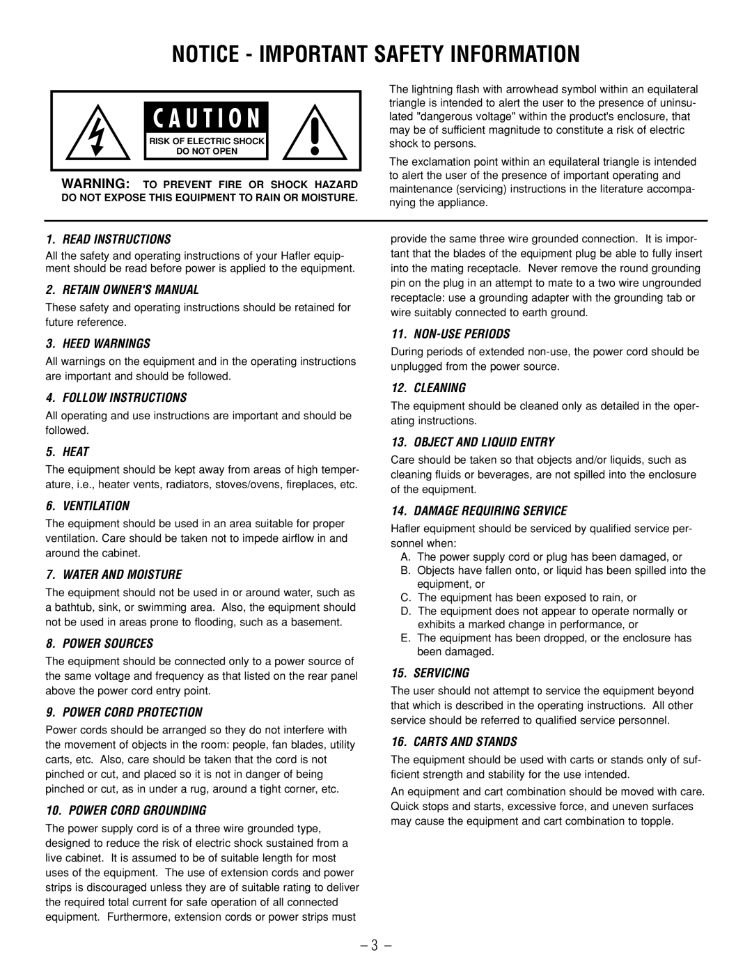 Hafler GX2300CE, GX2600CE manual C A U T I O N, Notice - Important Safety Information 