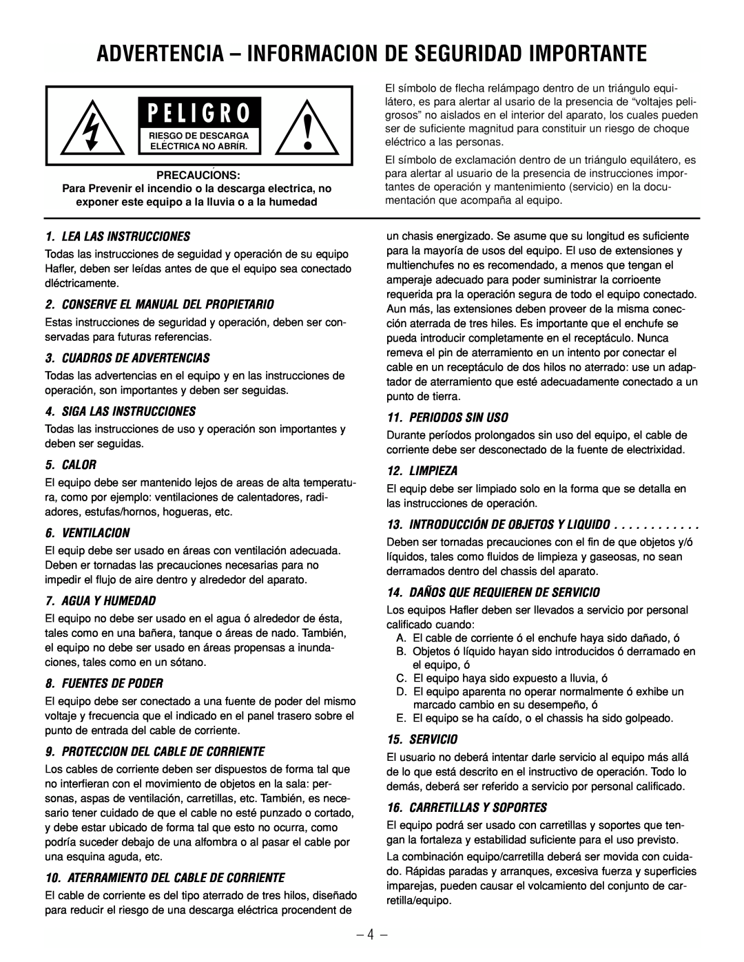 Hafler GX2300CE, GX2600CE manual P E L I G R O, Advertencia - Informacion De Seguridad Importante 