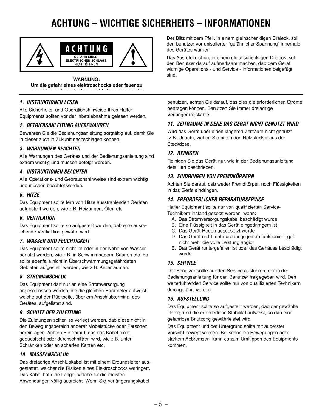 Hafler GX2600CE, GX2300CE manual Achtung - Wichtige Sicherheits - Informationen, A C H T U N G 