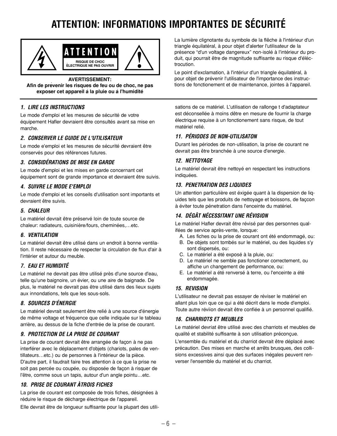 Hafler GX2300CE, GX2600CE manual Attention Informations Importantes De Sécurité, A T T E N T I O N 