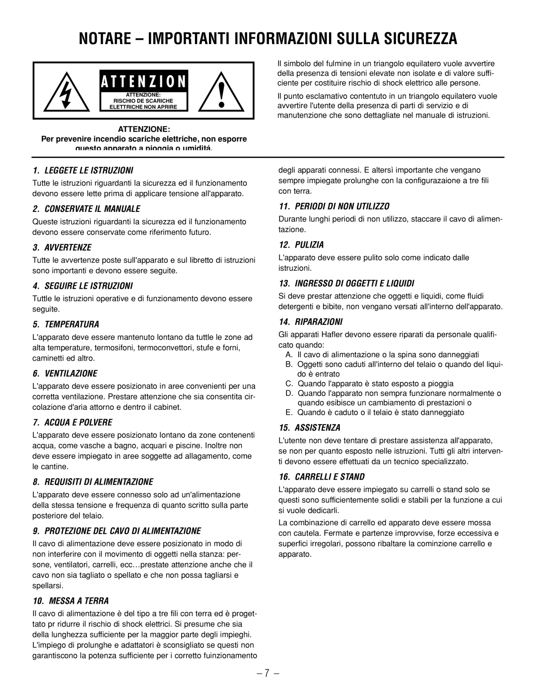 Hafler GX2300CE, GX2600CE manual Notare - Importanti Informazioni Sulla Sicurezza, A T T E N Z I O N 