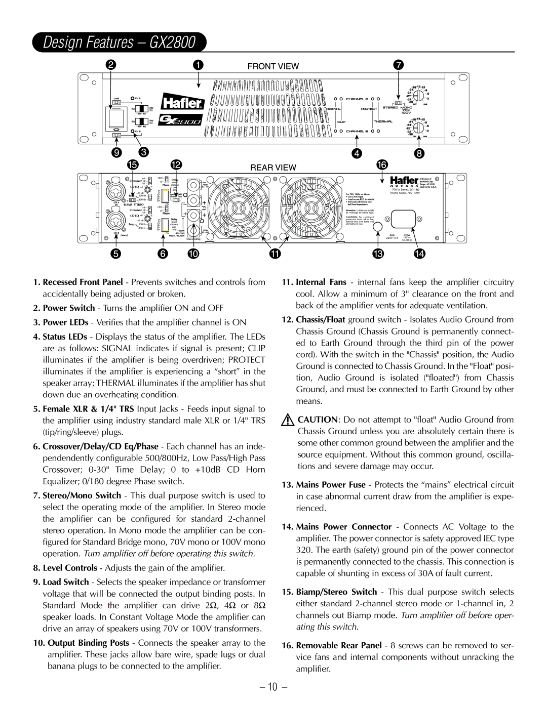 Hafler GX2800CE manual Design Features GX2800, Level Controls Adjusts the gain of the amplifier 