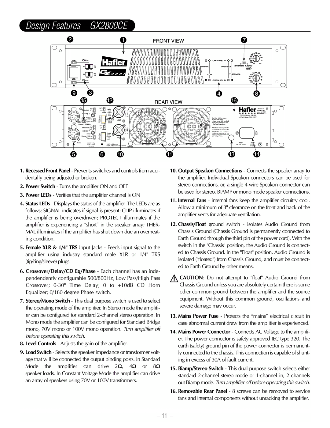 Hafler manual Design Features GX2800CE 