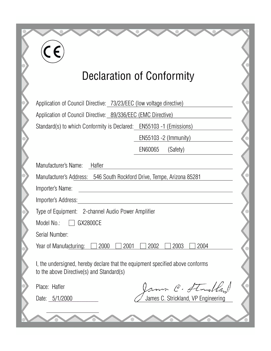 Hafler GX2800CE manual Declaration of Conformity 