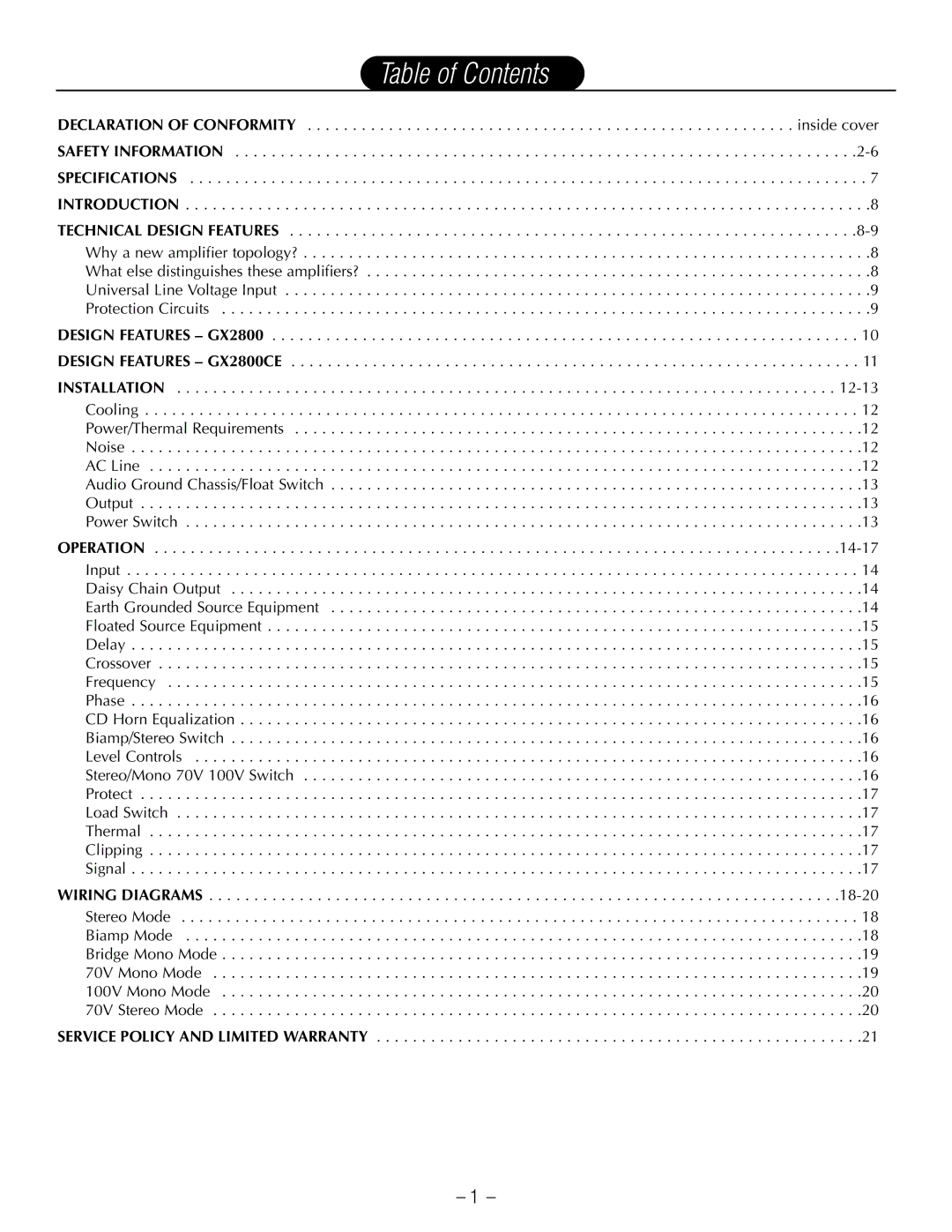 Hafler GX2800CE manual Table of Contents 