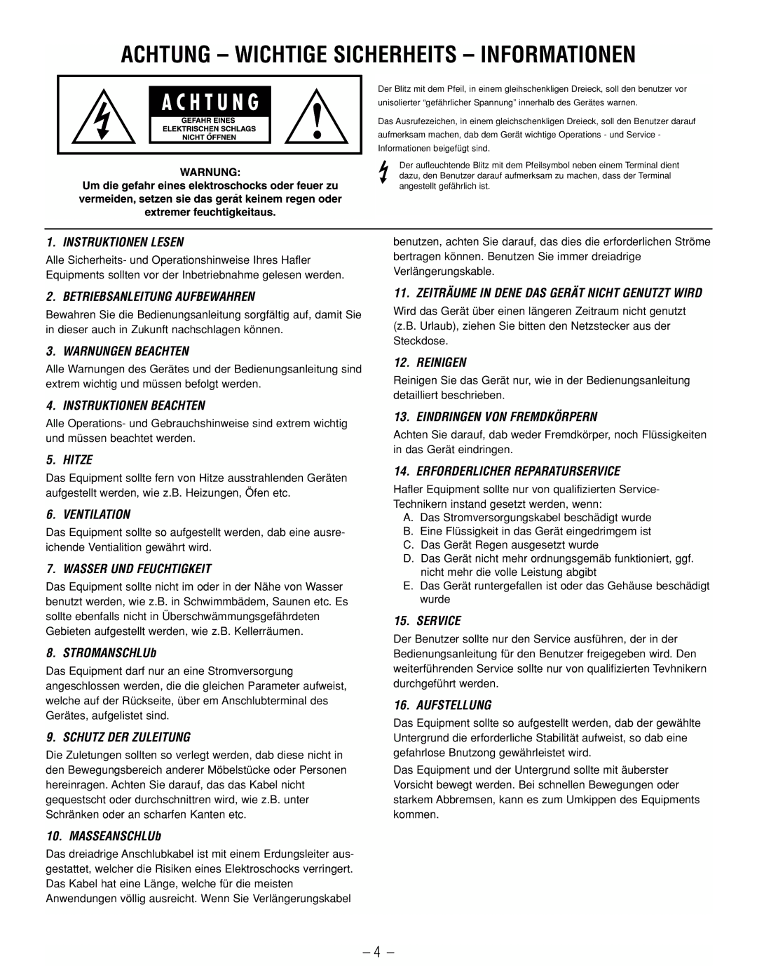 Hafler GX2800CE Instruktionen Lesen, Betriebsanleitung Aufbewahren, Warnungen Beachten, Instruktionen Beachten, Hitze 