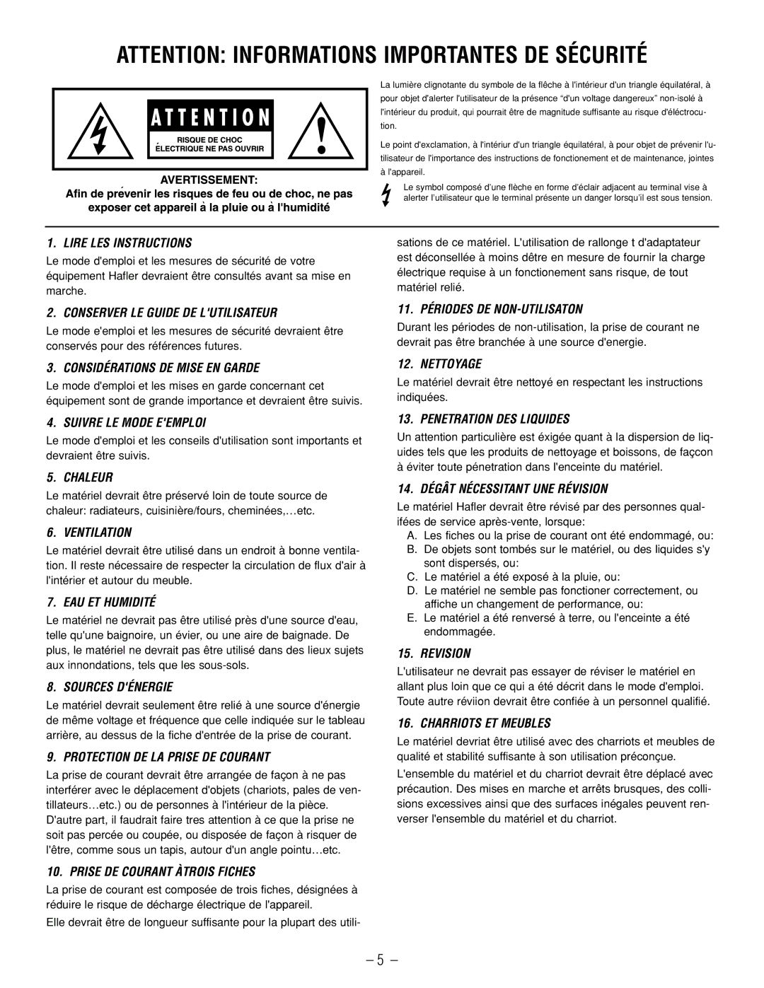 Hafler GX2800 manual Lire LES Instructions, Conserver LE Guide DE Lutilisateur, Considérations DE Mise EN Garde, Chaleur 