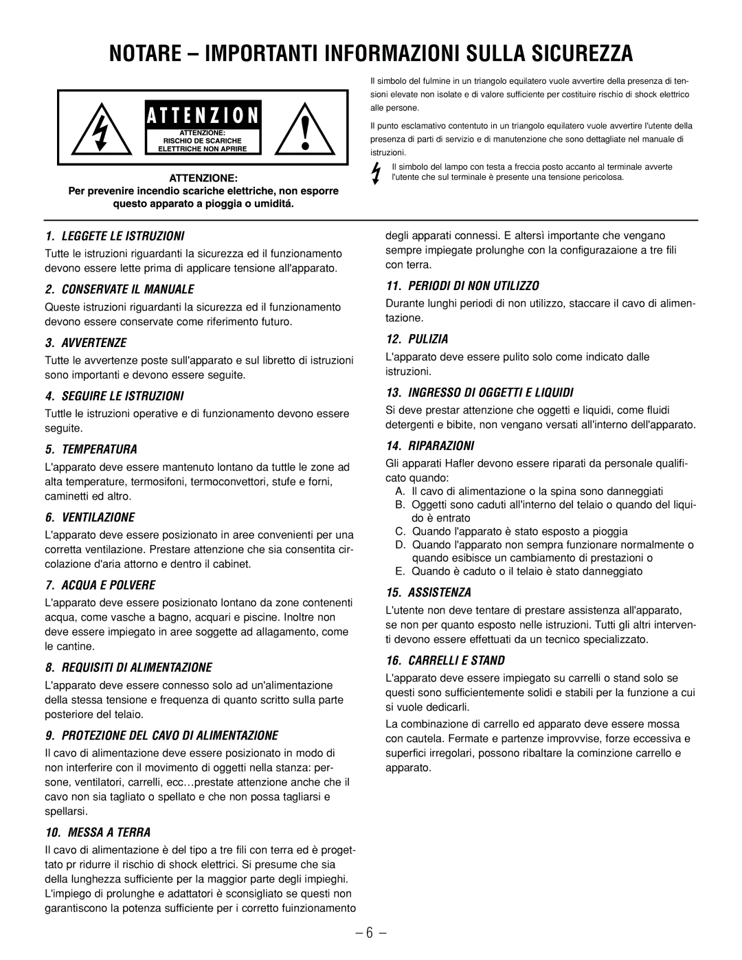 Hafler GX2800CE Leggete LE Istruzioni, Conservate IL Manuale, Avvertenze, Seguire LE Istruzioni, Temperatura, Ventilazione 