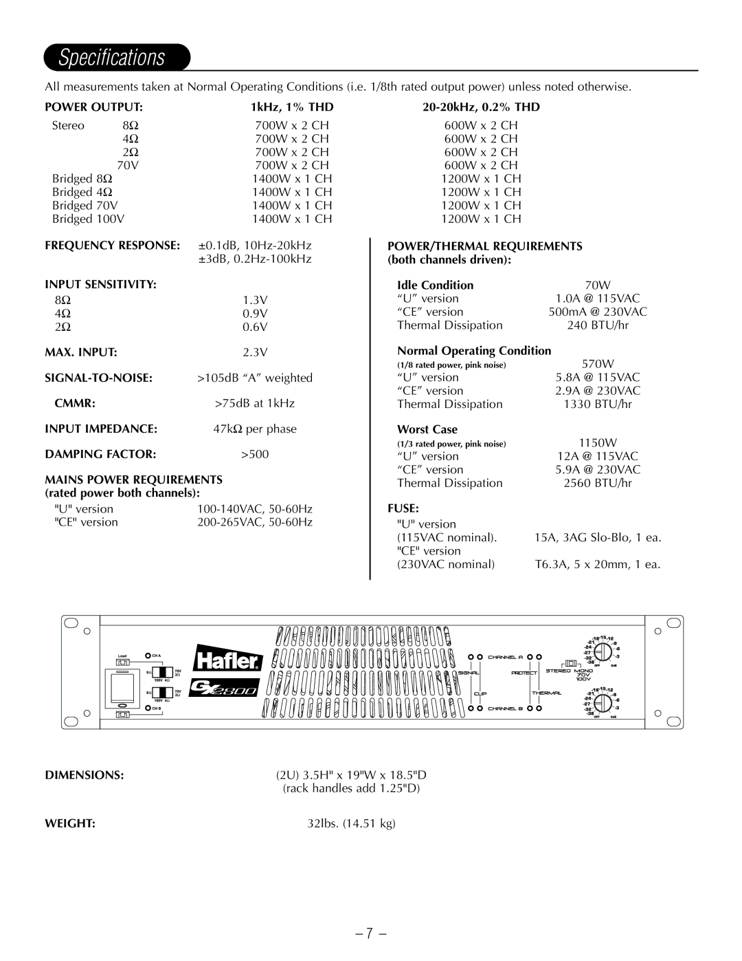 Hafler GX2800CE manual Specifications 