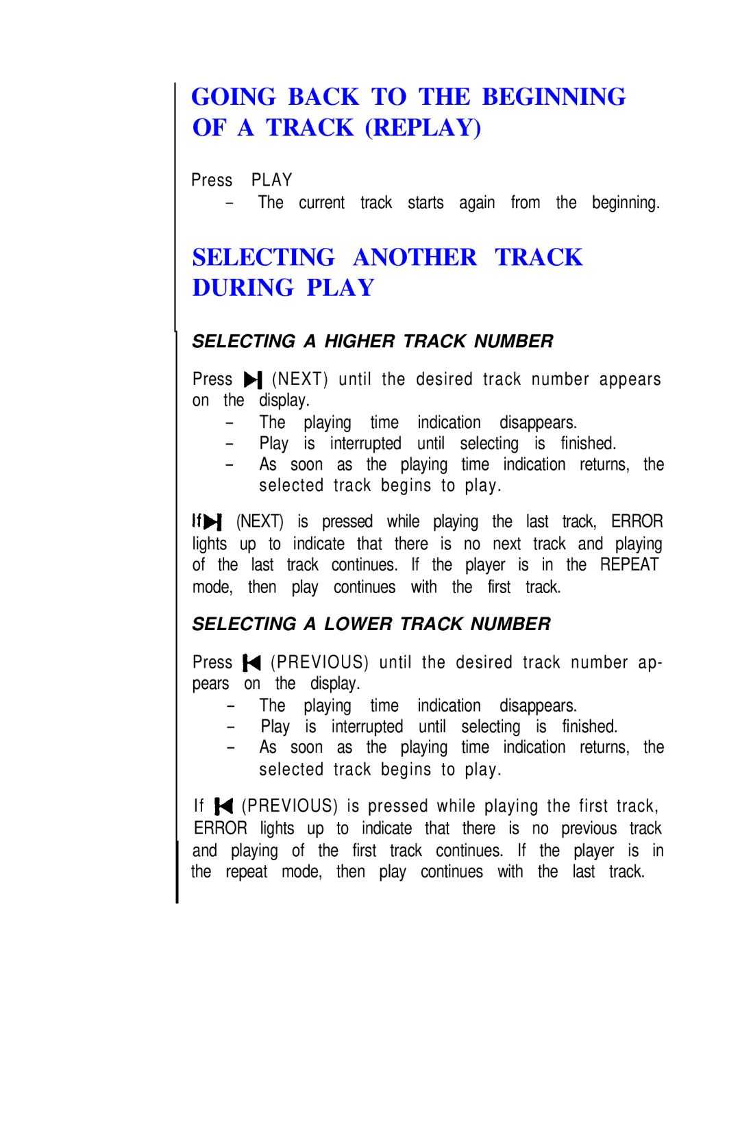 Hafler IRIS COMPACT DISC PLAYER Going Back to the Beginning of a Track Replay, Selecting Another Track During Play 