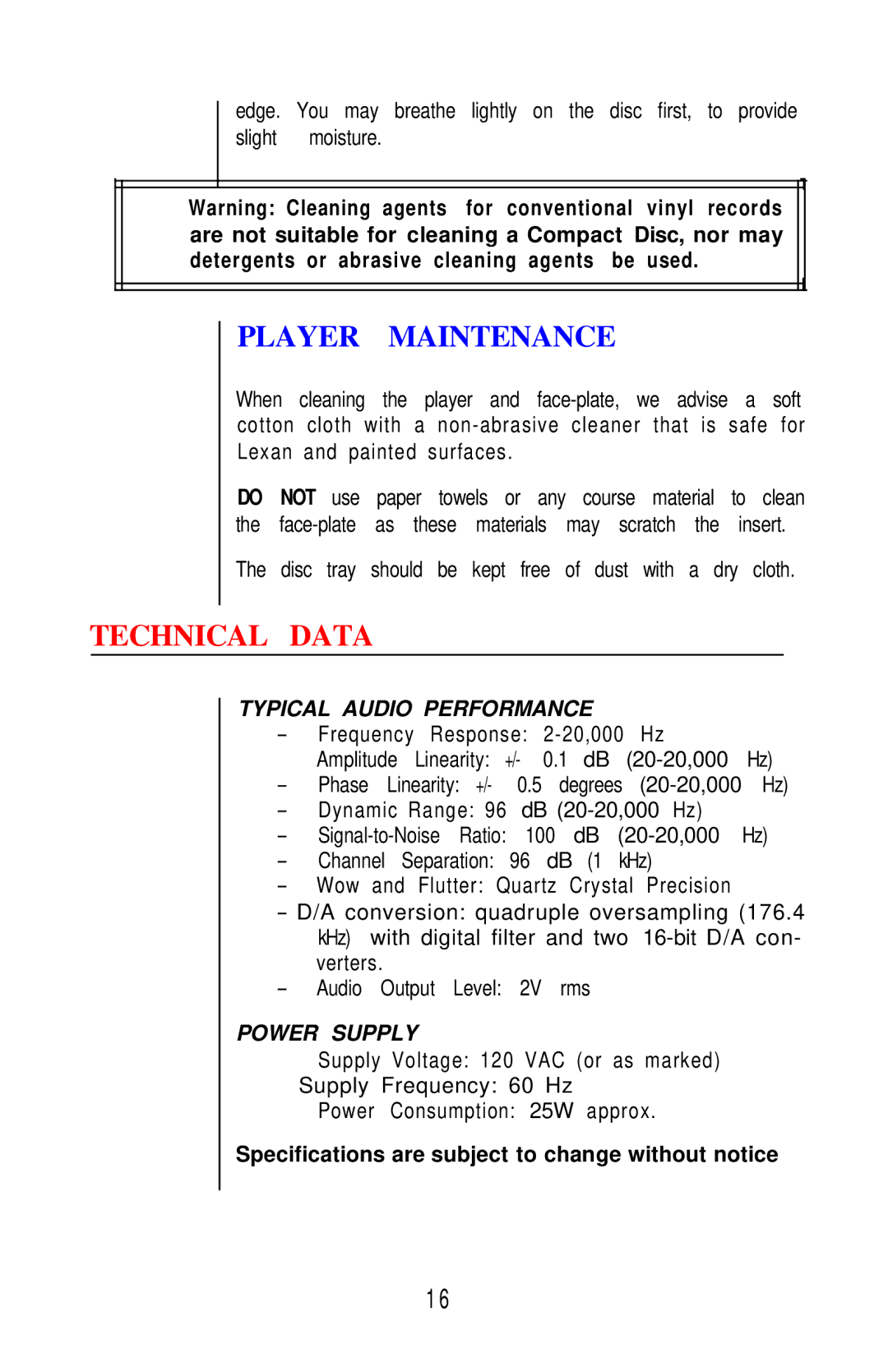 Hafler IRIS COMPACT DISC PLAYER owner manual Player Maintenance, Technical Data, Typical Audio Performance, Power Supply 